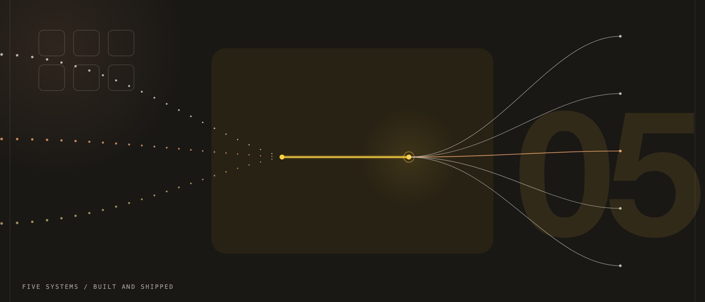 Abstract artwork: dot streams converging through one bright node and branching into new threads, with an oversized numeral five